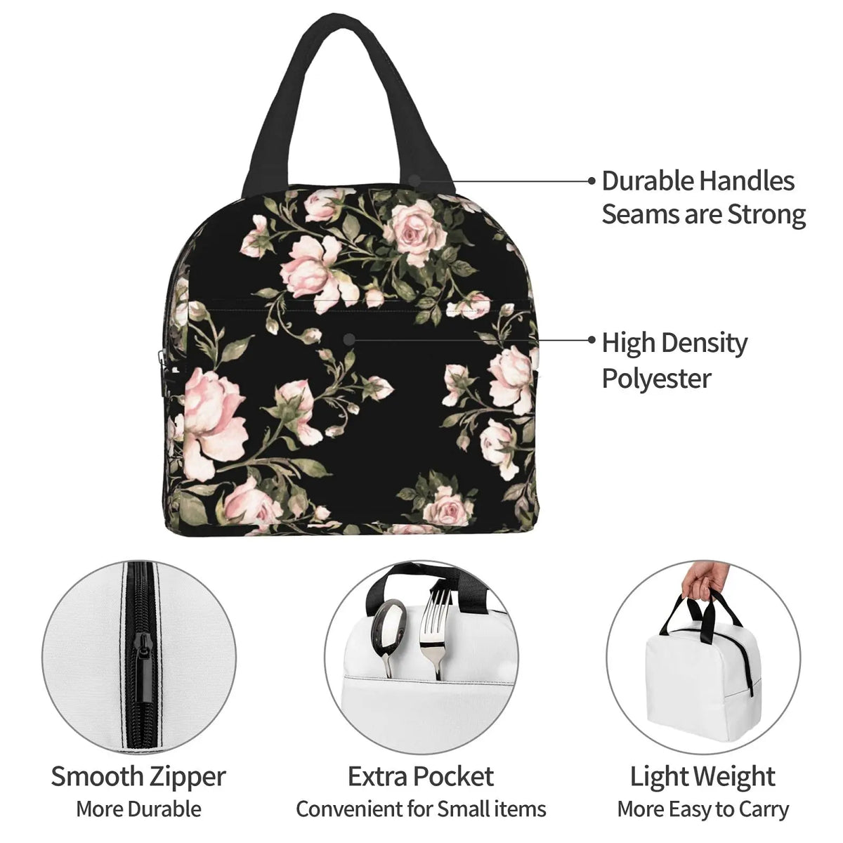 Black watercolor rose insulated lunch bag with durable handles and a smooth zipper