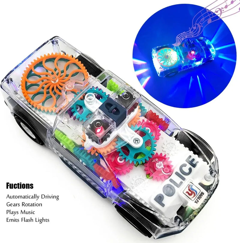Voiture de Police Transparente avec Engrenages, Lumières et Musique