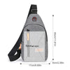 Gray fabric mini iPad bag with black strap and multiple pockets