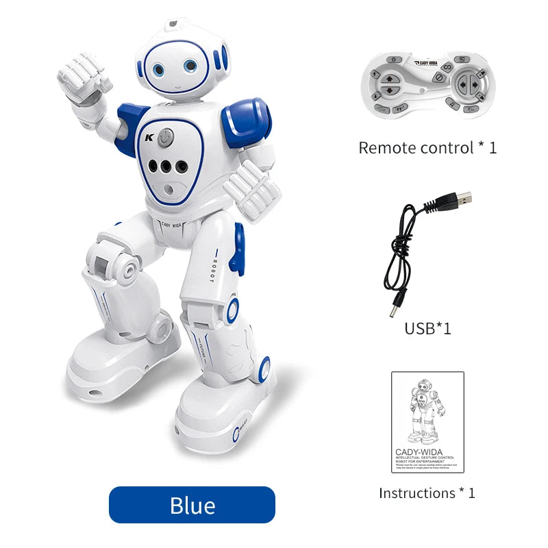 A white interactive dancing robot toy with blue accents, along with a remote control and USB cable.