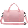 A pink compact nylon gym bag with an adjustable strap is shown.