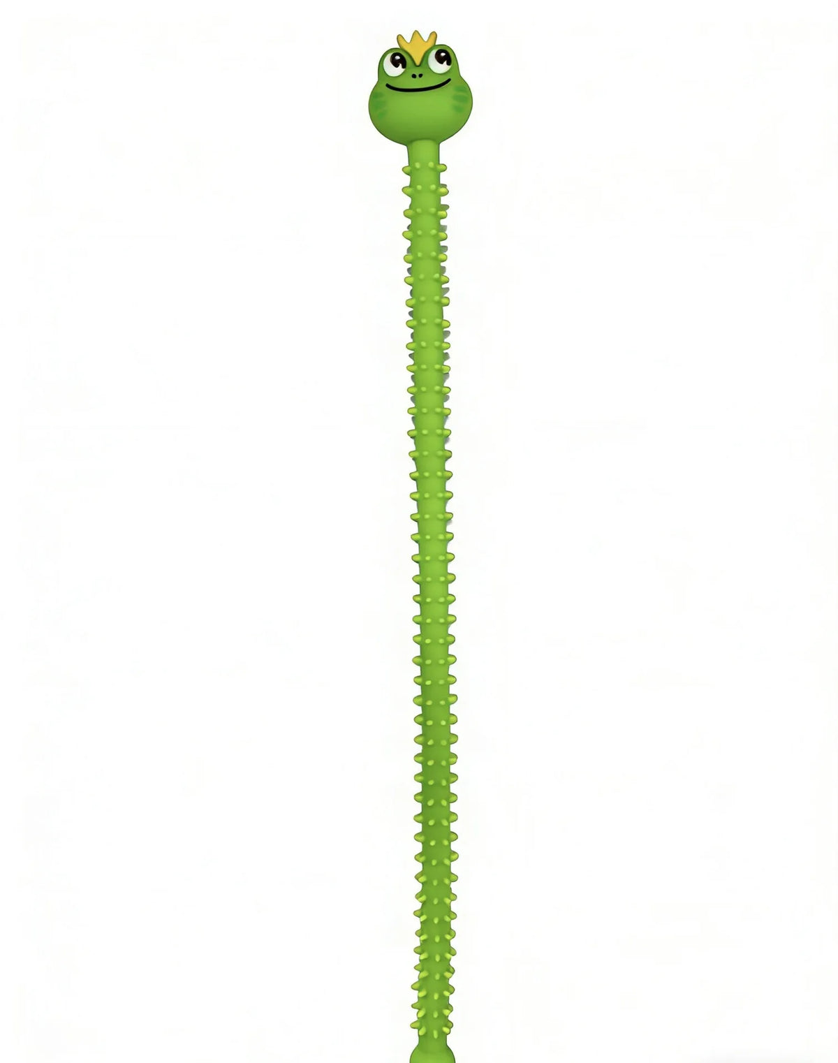 A bright green cartoon textured silicone fidget stick with a small crown on the top.