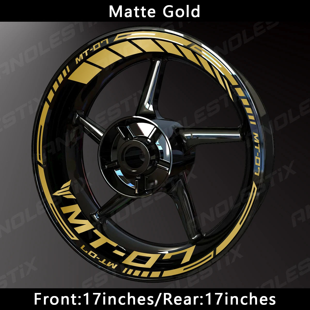 Matte Gold reflective wheel decals for Yamaha MT-07 rims, showing the front and rear sizes.