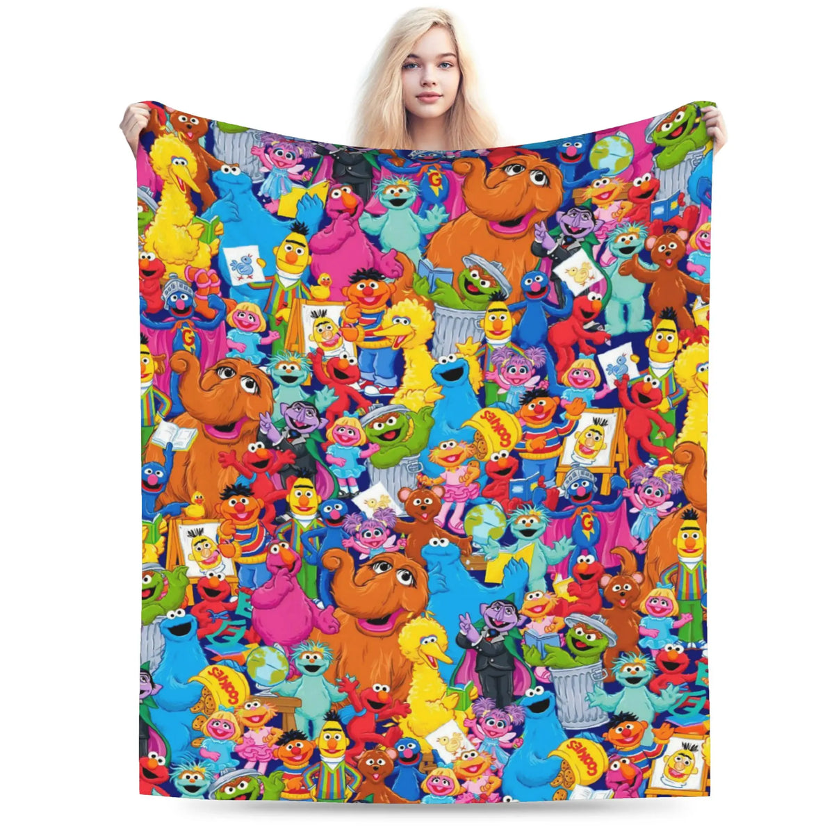 A colorful flannel throw blanket featuring characters from Sesame Street and Friends.