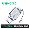 Silberner USB-C 3.0 Kartenleser mit Zinkmetallgehäuse für SD- und TF-Karten.
