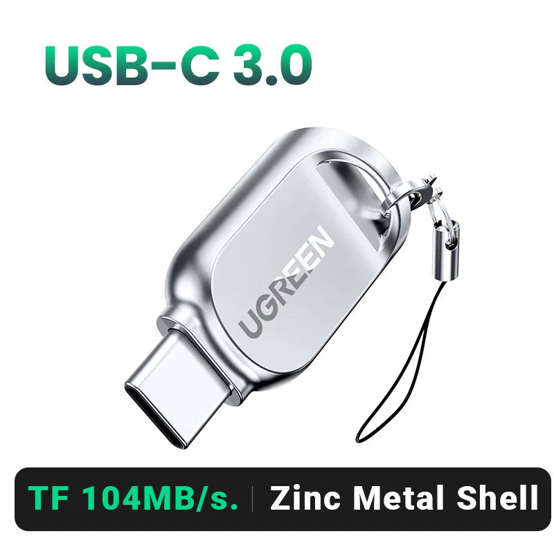 Silberner USB-C 3.0 Kartenleser mit Zinkmetallgehäuse für SD- und TF-Karten.