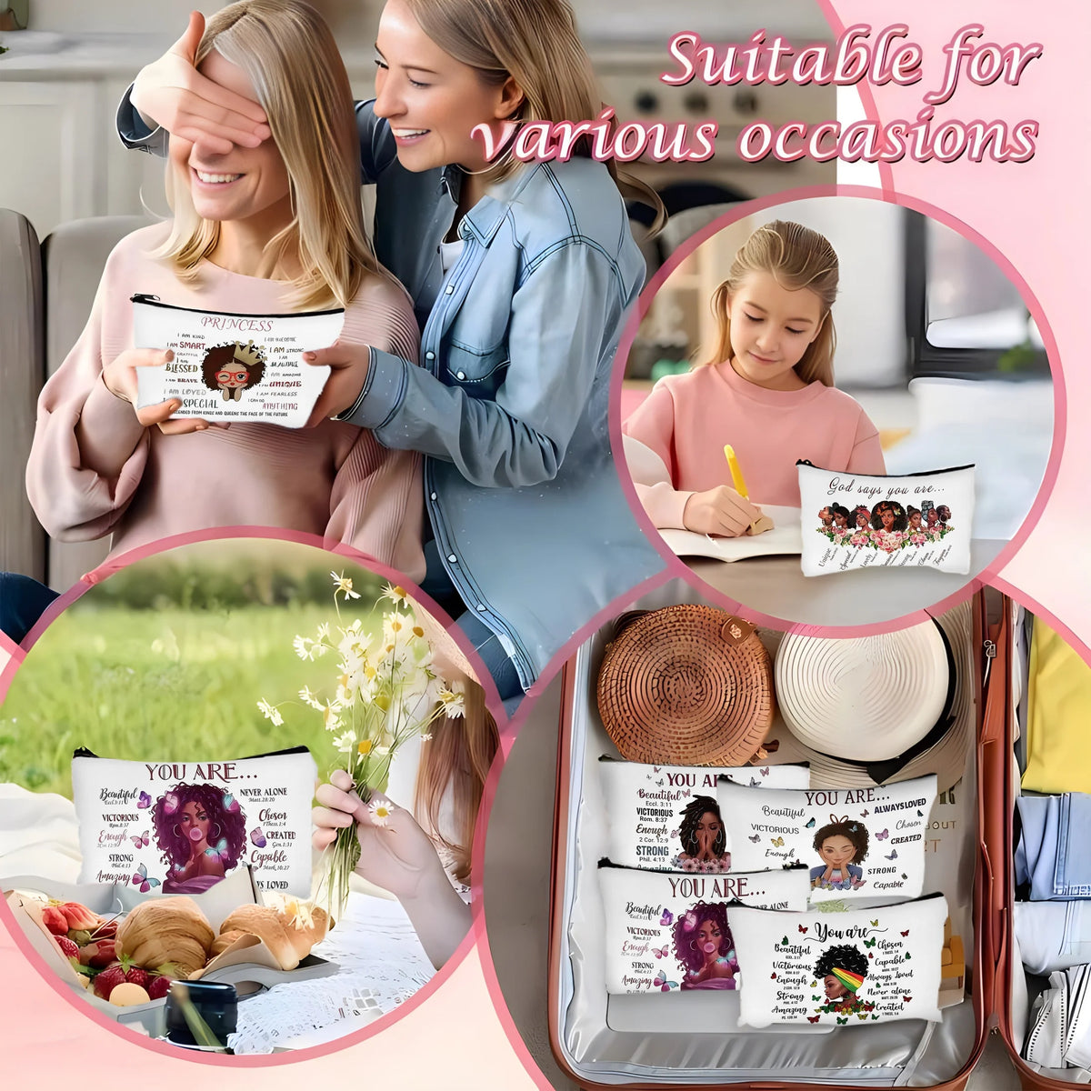 A cosmetic bag with a waterproof lining is shown alongside various skincare products and cosmetics.