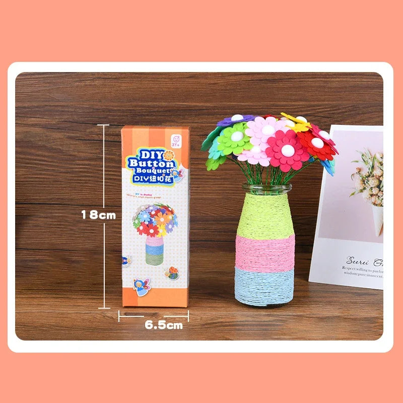 A DIY flower craft kit showing colorful felt buttons and flowers arranged in a glass vase.