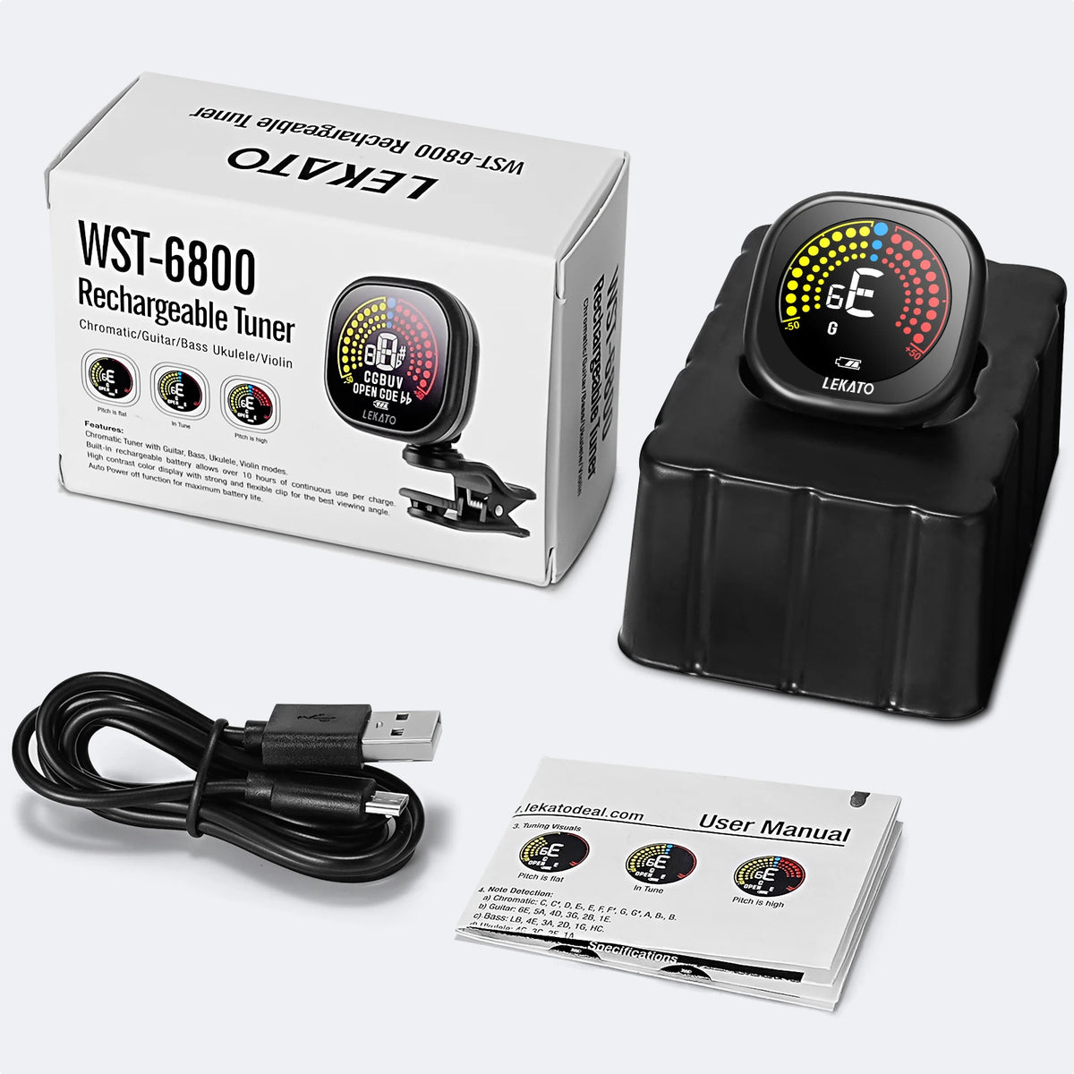 Rechargeable Clip-On Tuner for Guitar, Bass, Ukulele & Violin