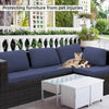 Dunkelblaue Outdoor-Sofa mit einer Katze, die Möbel vor Tierverletzungen schützt.