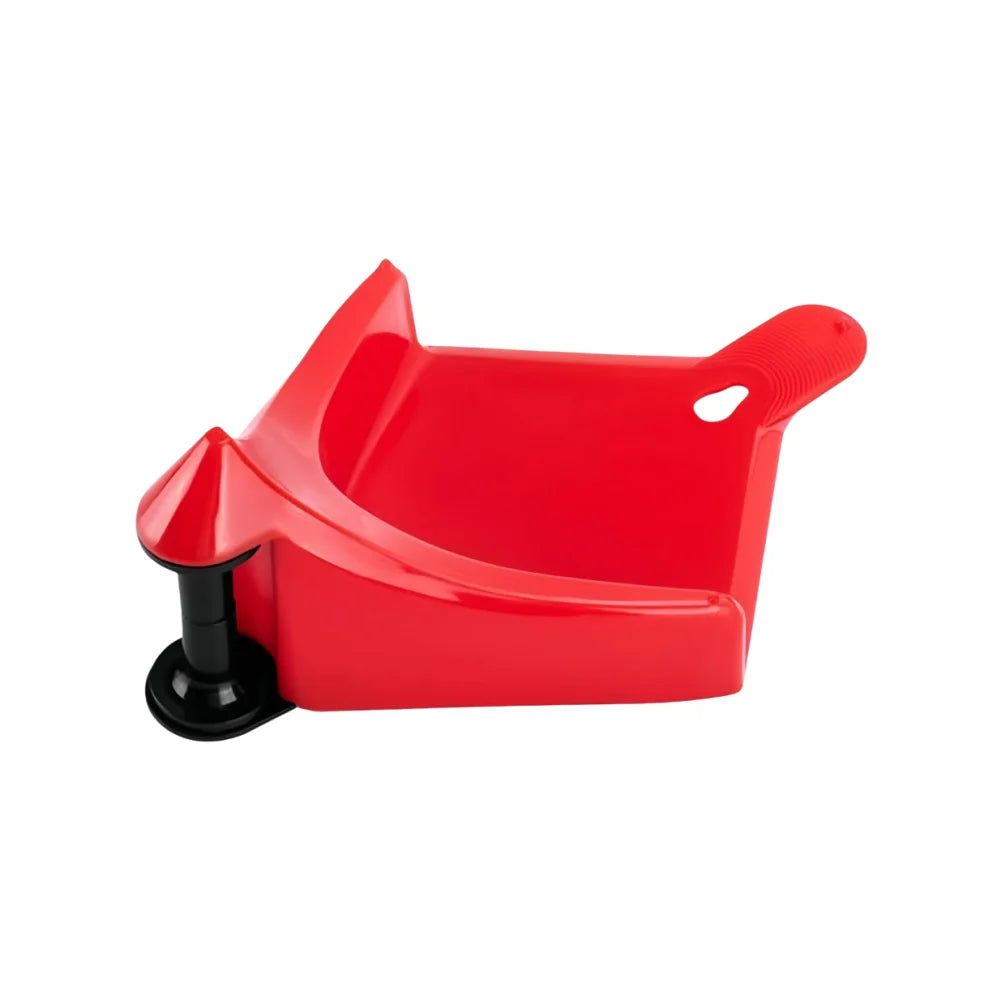 A red car hose guide featuring a roller wedge for easier hose management.