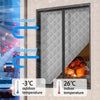 A thermal insulated door curtain is shown in a window frame, illustrating the temperature difference between -3°C outdoor and