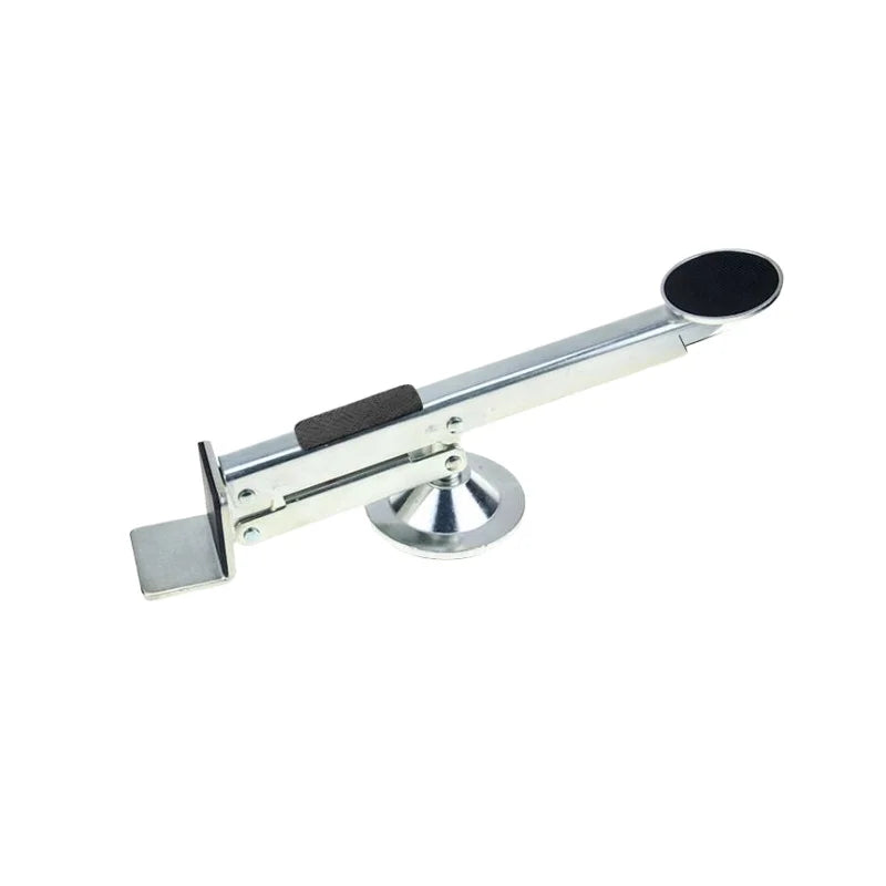 A heavy-duty steel door lift tool with a rotating mechanism used for installation assistance.