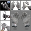 A collection of grey cut-resistant work gloves shown in various angles and close-ups.