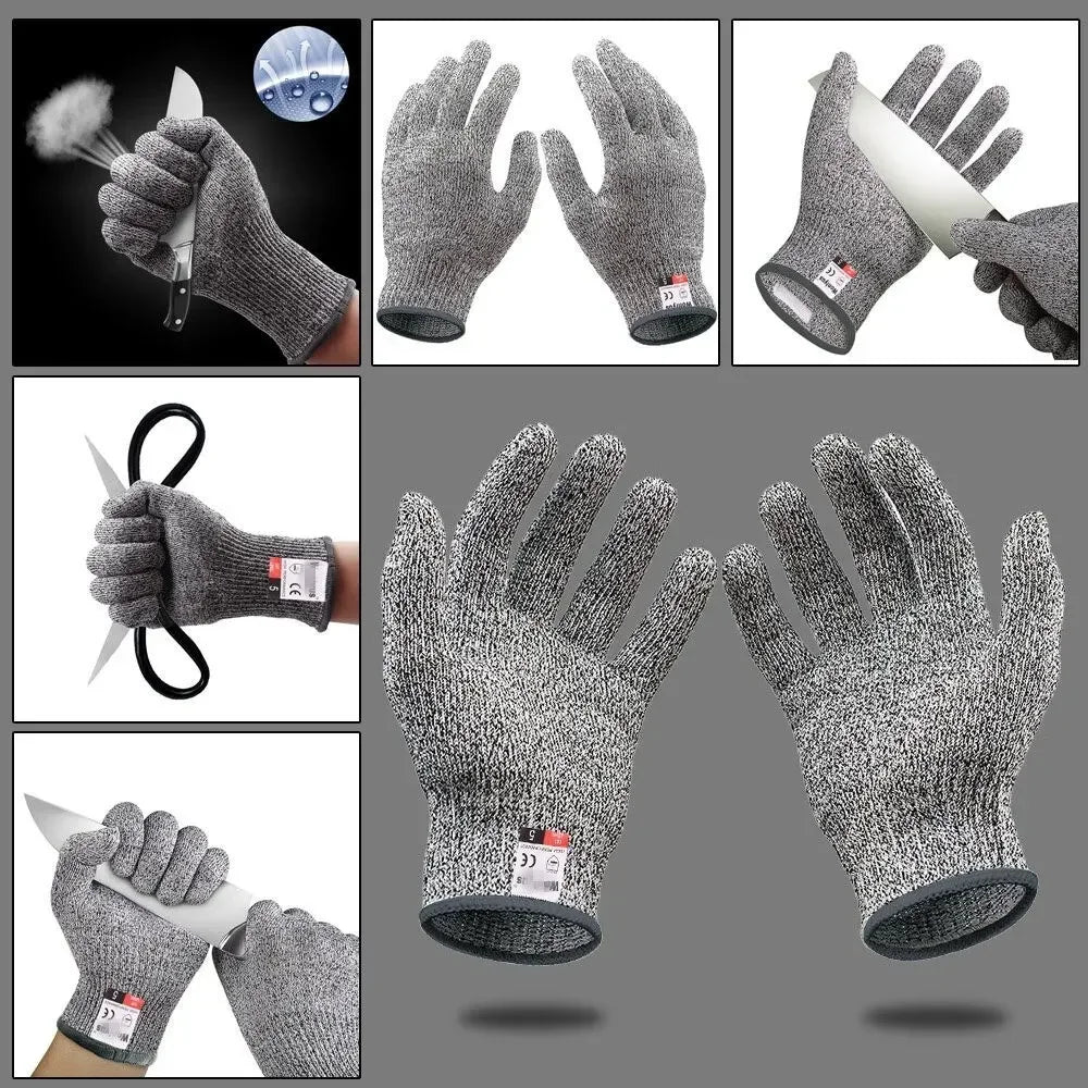 A collection of grey cut-resistant work gloves shown in various angles and close-ups.