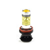 A yellow LED fog light bulb with a silver and gold tip and a black connector housing.