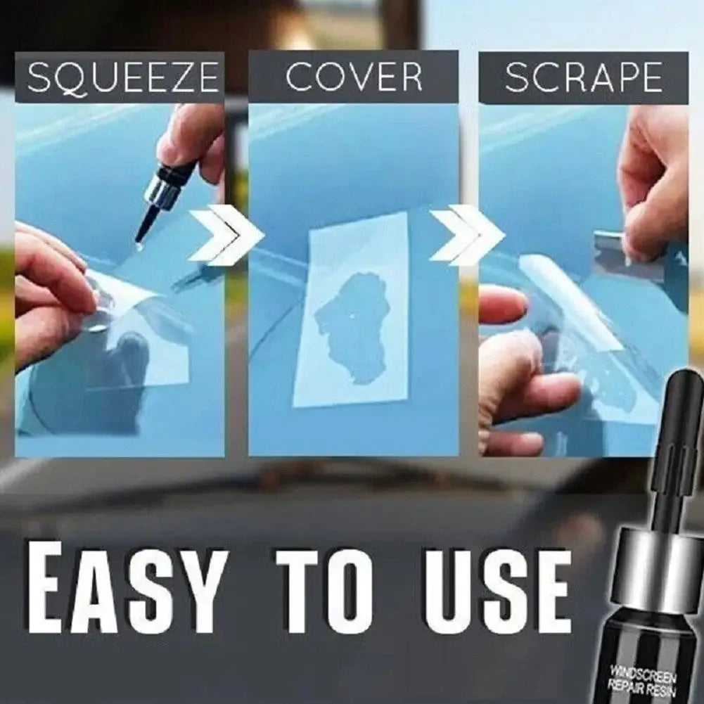 A kit showing how to squeeze, cover, and scrape a clear repair resin onto a car windshield.