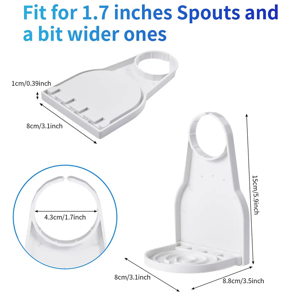 White laundry detergent cup holder with a drip tray shown in various angles and dimensions.