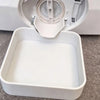 A white heavy-duty washing machine drain tray with a removable funnel is shown open.