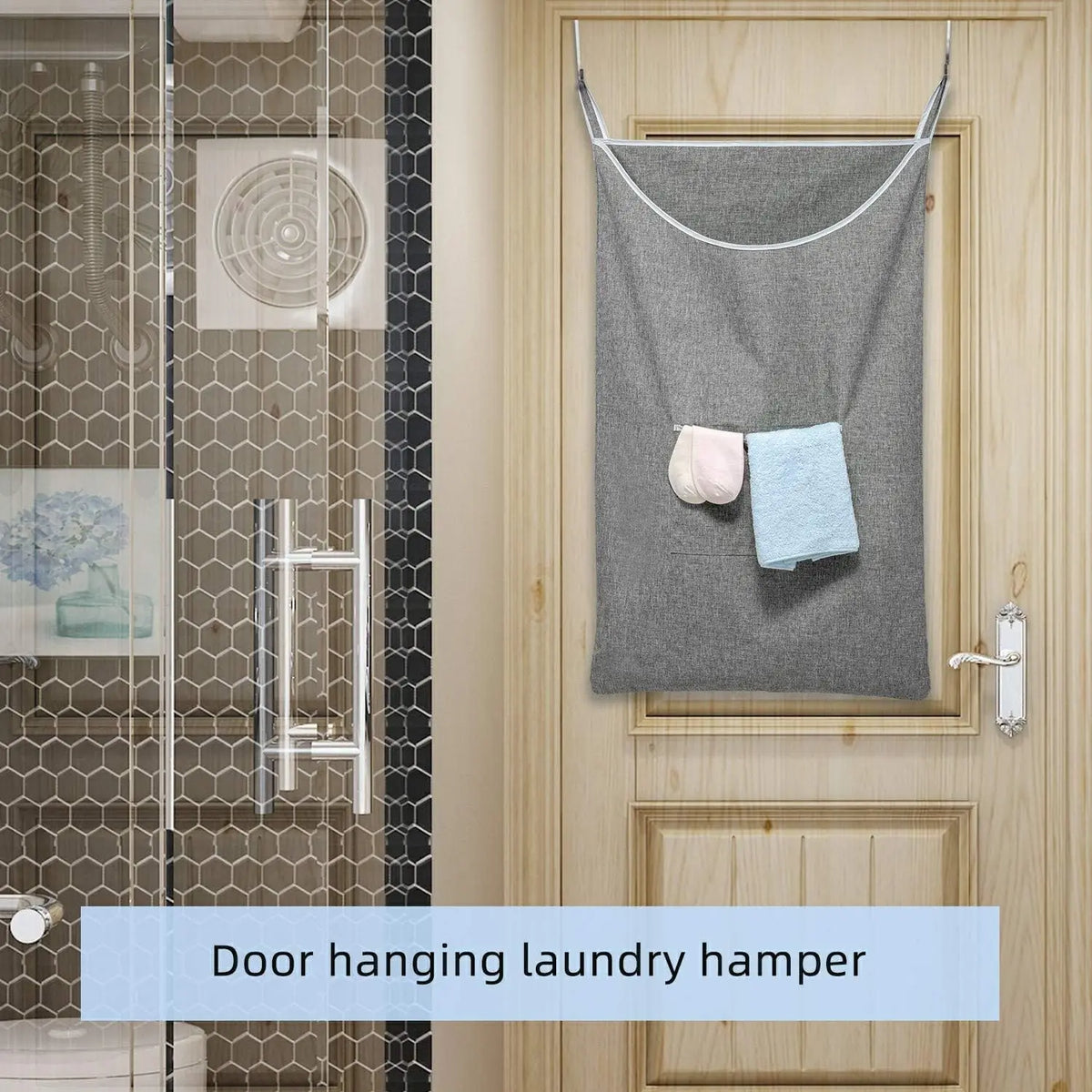 A gray hanging laundry hamper is displayed on a wooden door, featuring metal mounts for storage.