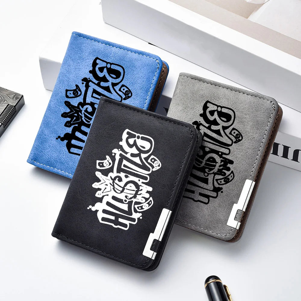 Three men's compact double-fold wallets in blue, black, and gray featuring a white graphic design.