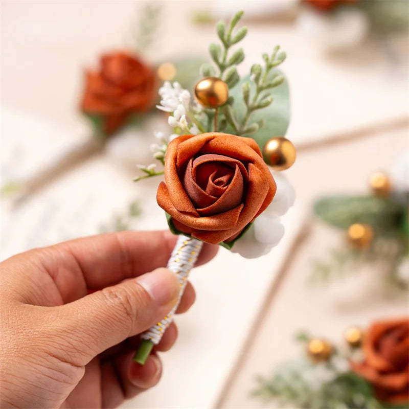 Burnt Orange Silk Boutonniere Set for Wedding Groom and Groomsmen