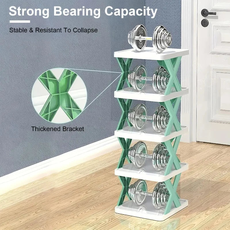 A vertical shoe rack with multiple tiers holding dumbbells, featuring a strong bearing capacity and a thickened bracket desig