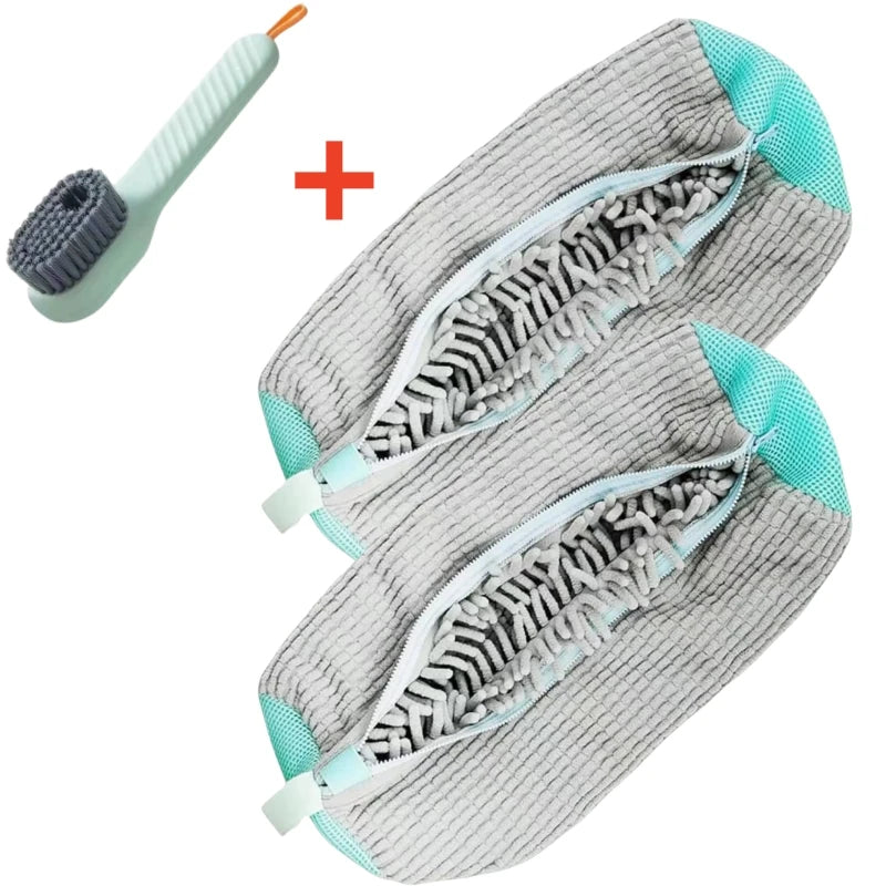 A shoe washing machine bag with a soft bristle cleaning brush set shown next to the product.