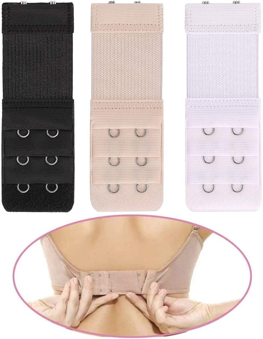 A set of soft stretch bra extenders in black and pink with hook adjustments shown alongside a demonstration on a person's bac