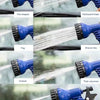 A collection of blue expandable magic hoses demonstrating seven different spray patterns including fan-shaped, multi-point li