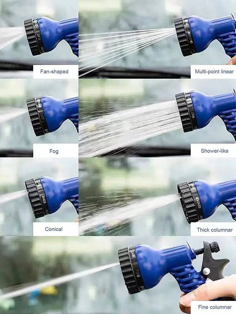 A collection of blue expandable magic hoses demonstrating seven different spray patterns including fan-shaped, multi-point li