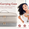 A double-layer travel carrying case for a Dyson Shark FlexStyle hair dryer, shown next to a woman using the device.