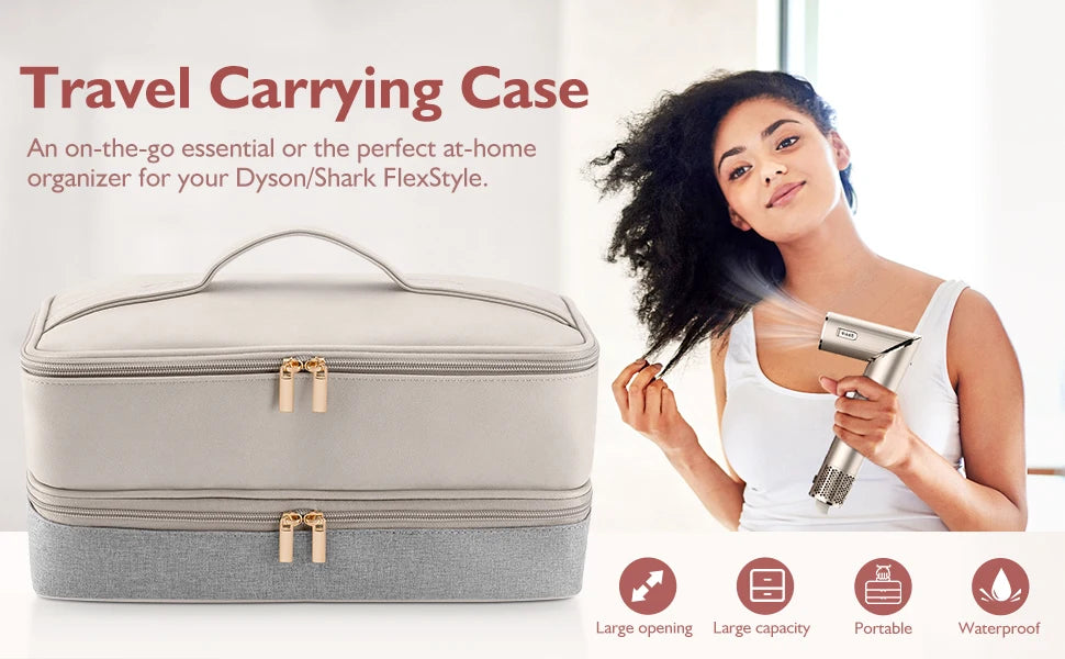 A double-layer travel carrying case for a Dyson Shark FlexStyle hair dryer, shown next to a woman using the device.