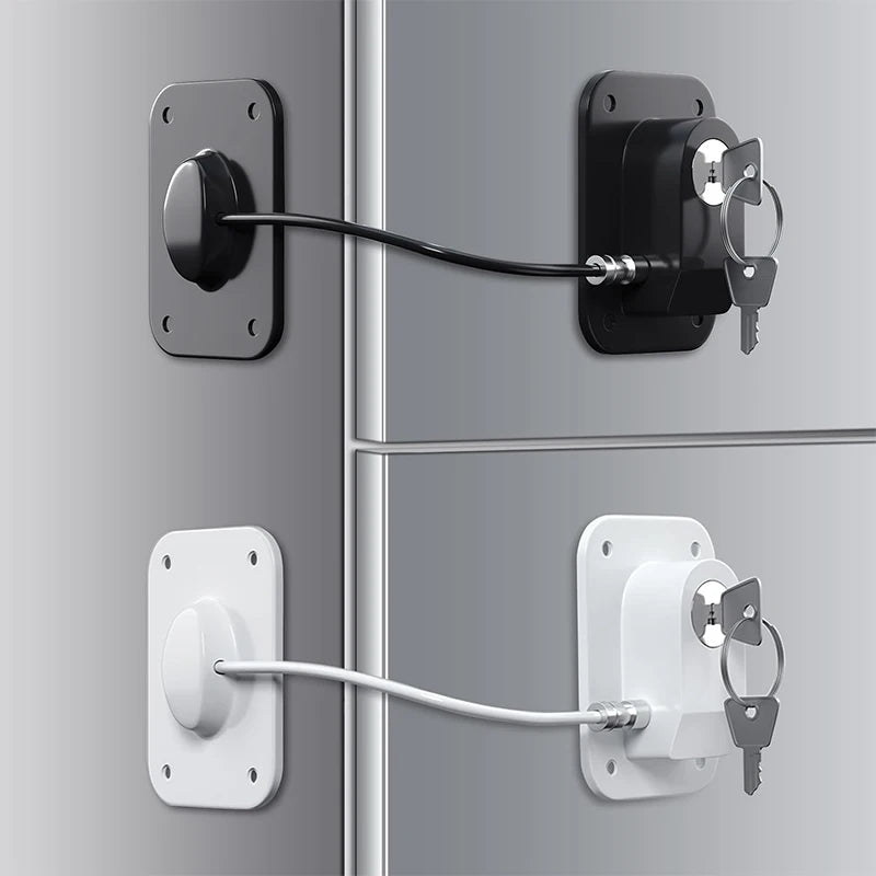 A close-up view of two door locks, one black and one white, with a long cable connecting them.