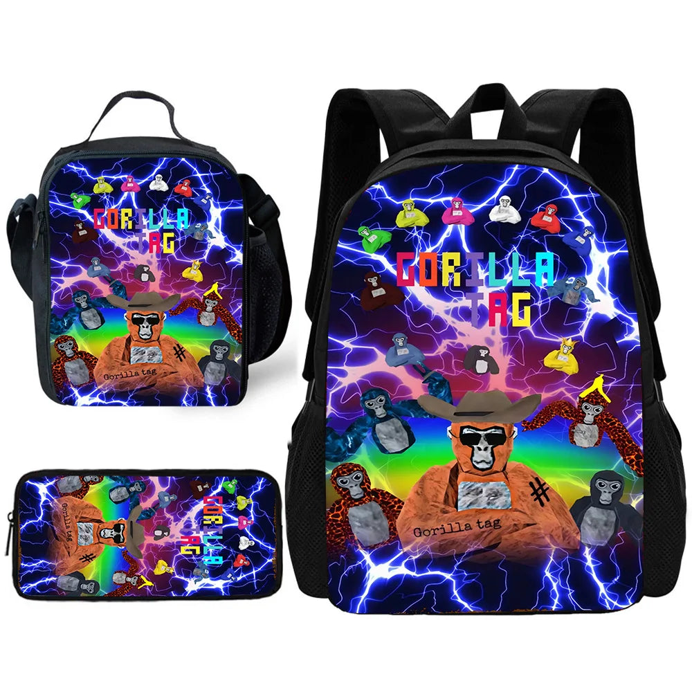 Cartoon Gorilla Kids School Backpack Set with Lunch Bag and Pencil Case