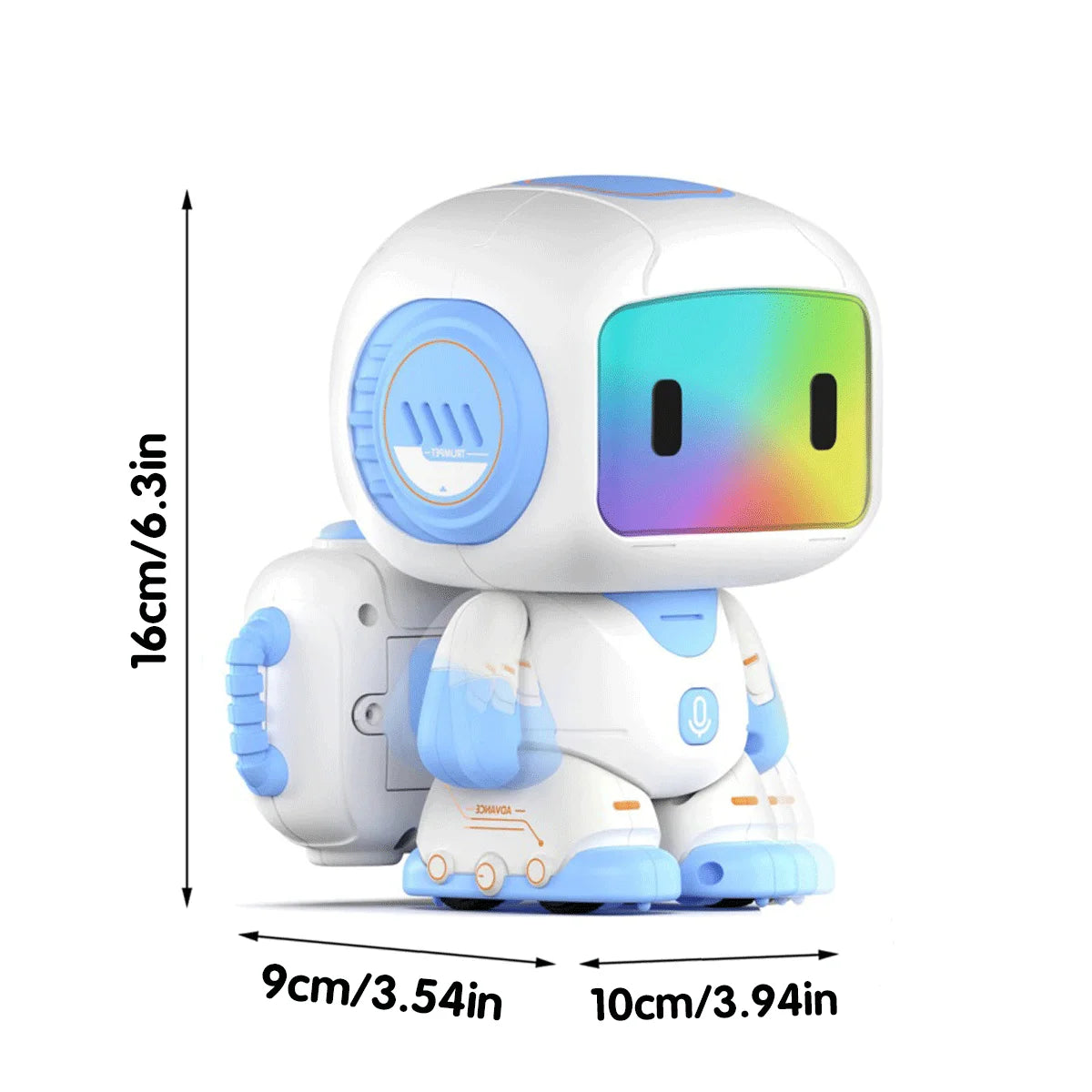 A white interactive remote control robot with a translucent face and blue accents, shown from the front.