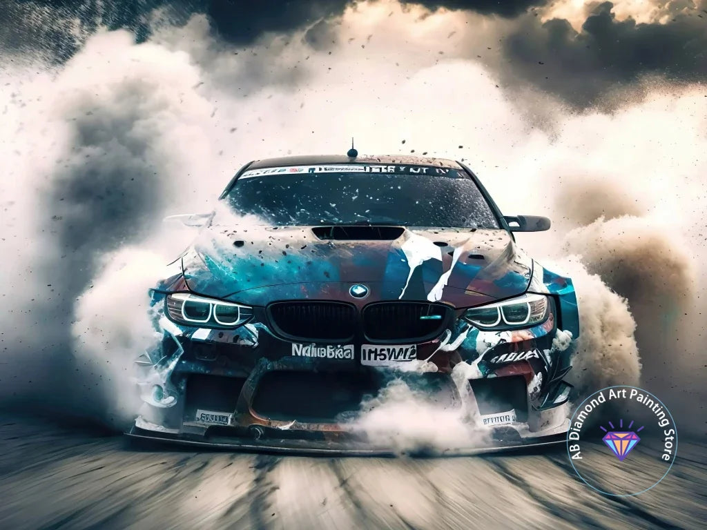 سيارة BMW سباق في لقطة ديناميكية عالية السرعة مع دخان أبيض وإضاءة درامية.