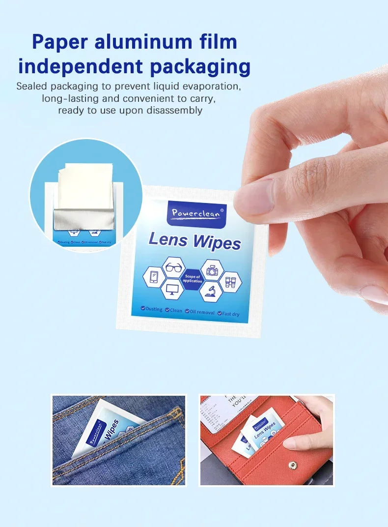 Individually wrapped lens cleaning wipes shown being held by a hand, demonstrating independent packaging.