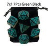 A set of seven polyhedral dice in green and black colors packaged together.
