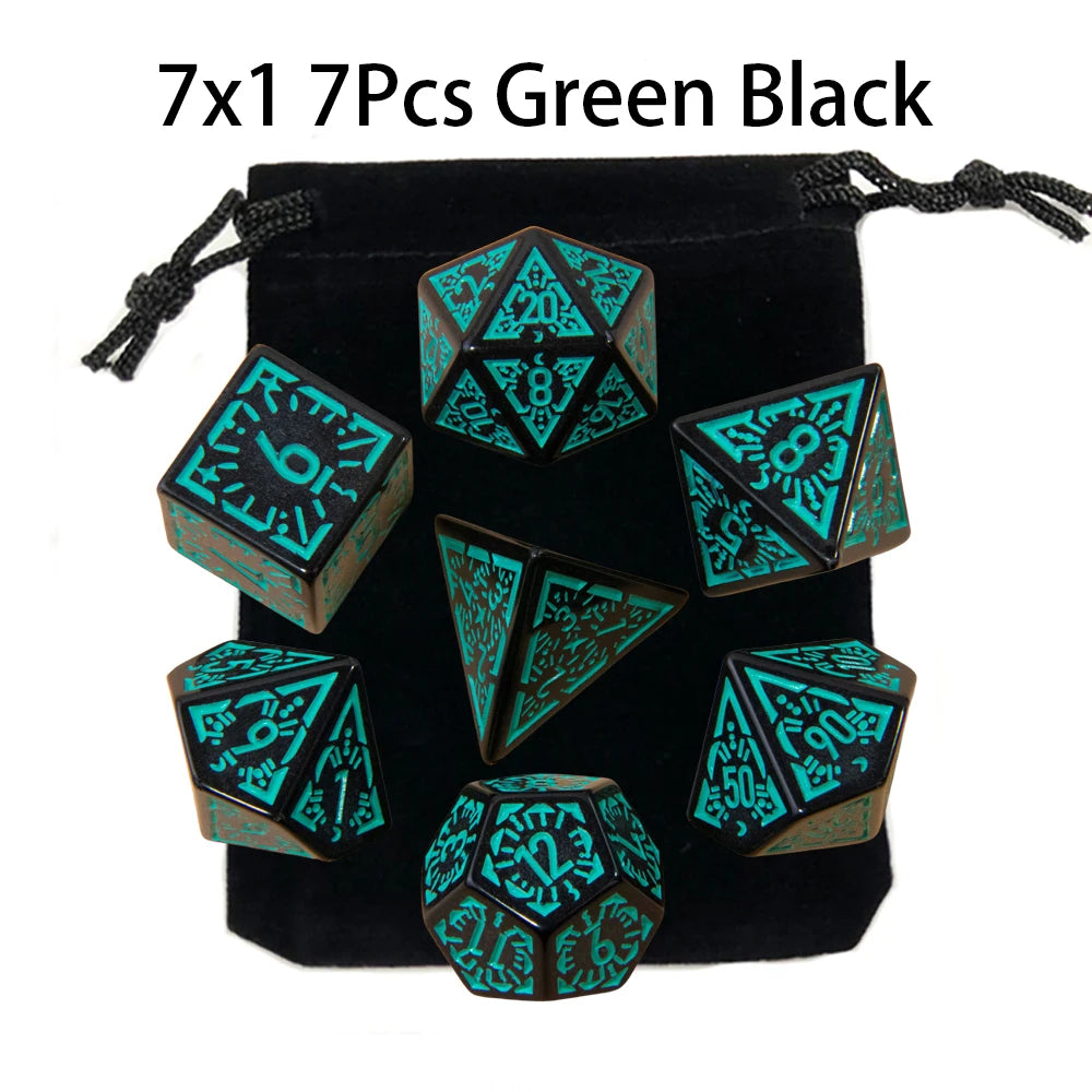 A set of seven polyhedral dice in green and black colors packaged together.