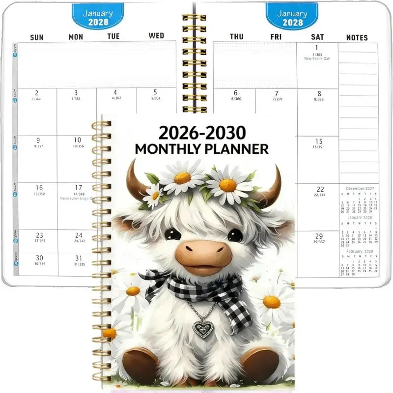 5-Year Monthly Planner with Highland Cow Cover (2026–2030)
