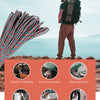 A man stands outdoors holding a large spool of paracord rope with various related activities shown below.