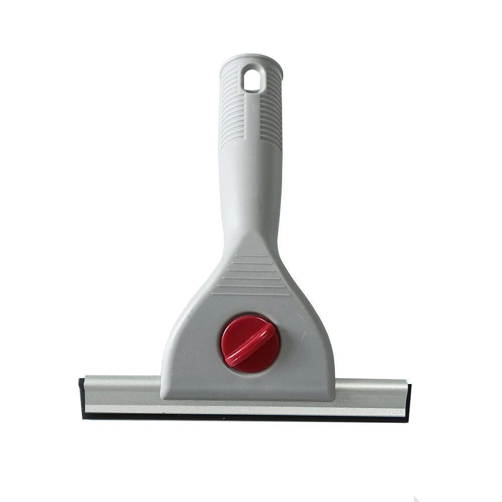A gray multi-purpose glass cleaning squeegee with a silicone blade and a red handle.
