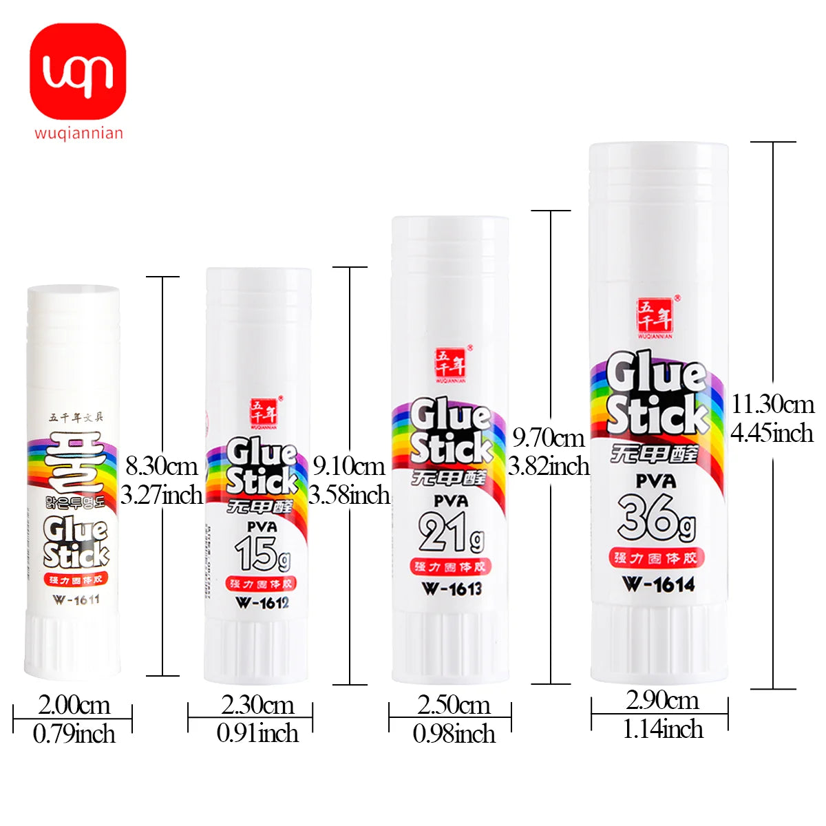 A set of 6 translucent glue sticks in various colors and sizes for crafting and office use