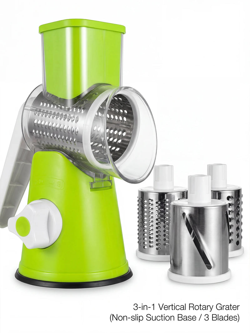 Multi-Function Rotary Cheese Grater with Suction Base and Round Mandoline Slicer