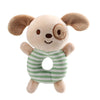A soft plush baby rattle toy shaped like a cartoon animal with brown ears and a green striped belly.