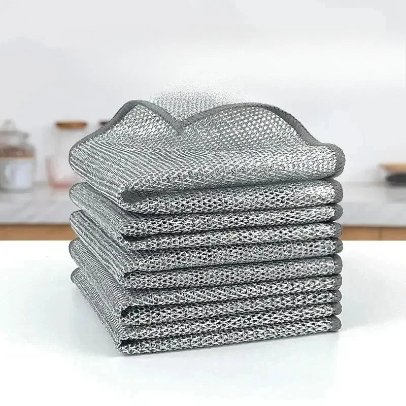 A stack of gray and white multipurpose non-stick kitchen cleaning cloths.
