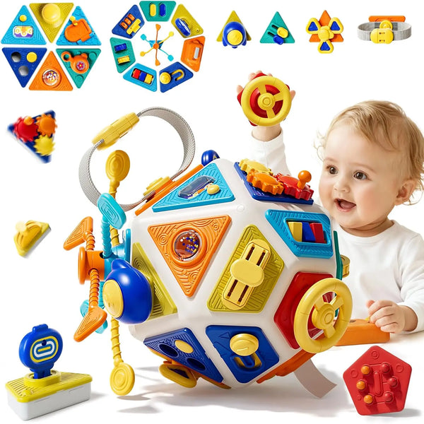 Cube d'activité coloré 22 en 1 pour enfant, avec puzzles et spinners.