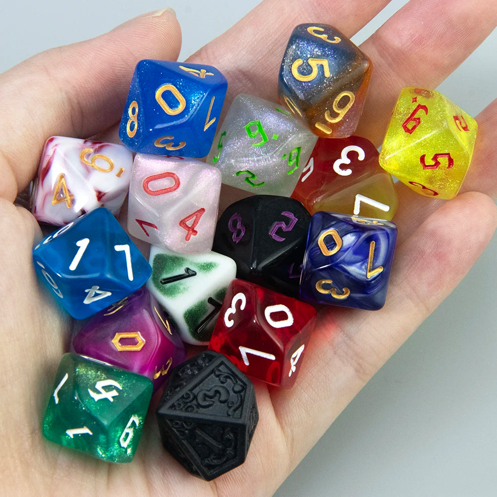 A hand holds a collection of ten polyhedral dice in various colors and shapes for tabletop role-playing games