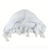 A white vintage twist head wrap with tassels shown from above.